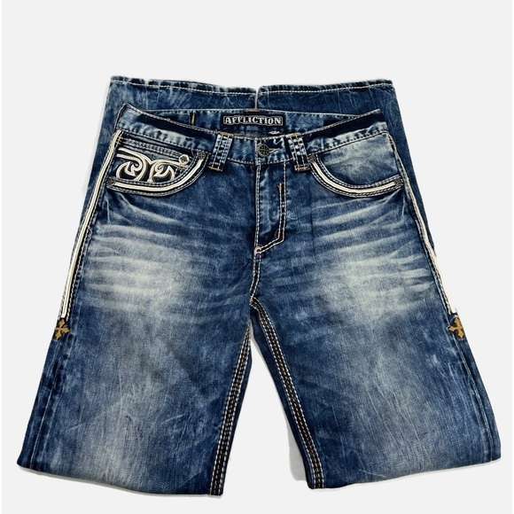 Affliction Cooper Burning Men’s Blue Jeans  size 31 X 32 Sold Out In Stores - Picture 5 of 14